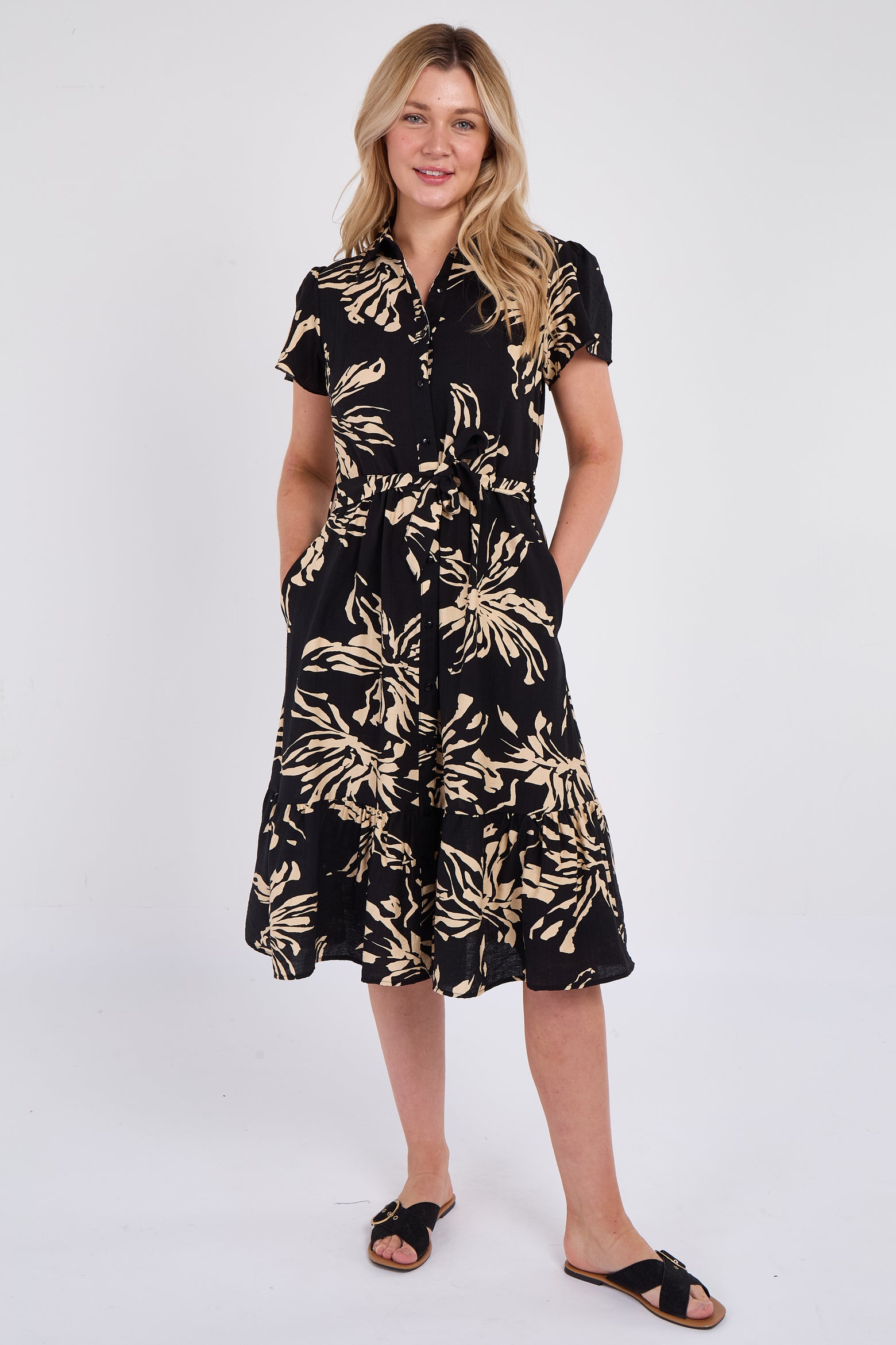 Black Floral Print  Frilled Hem Midi Dress