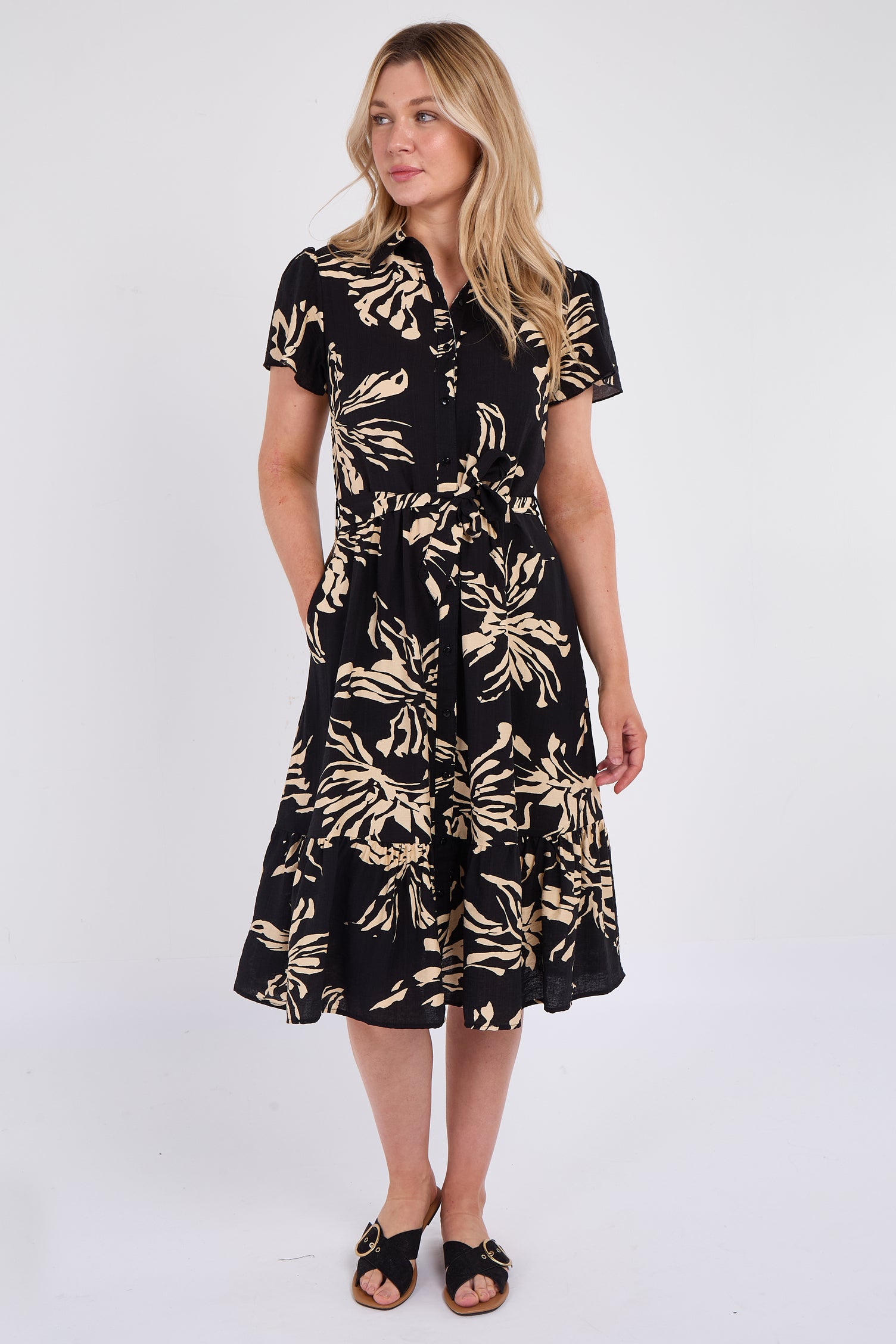 Black Floral Print  Frilled Hem Midi Dress