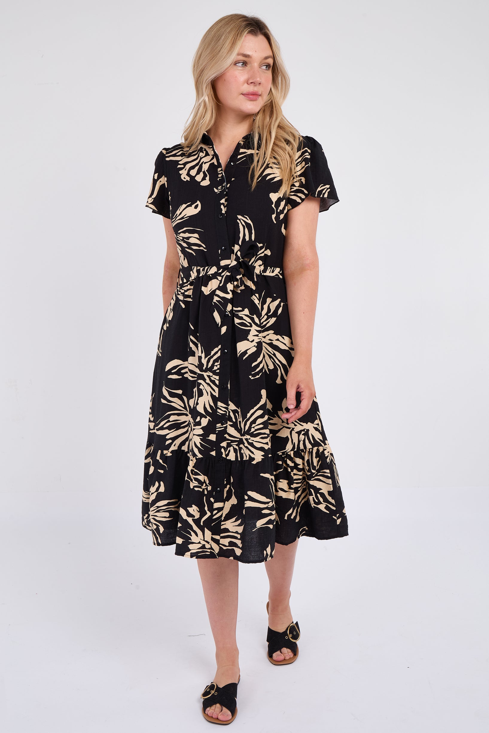 Black Floral Print  Frilled Hem Midi Dress