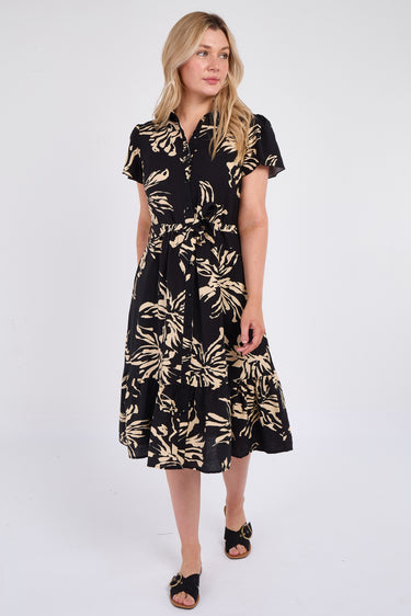 Black Floral Print  Frilled Hem Midi Dress