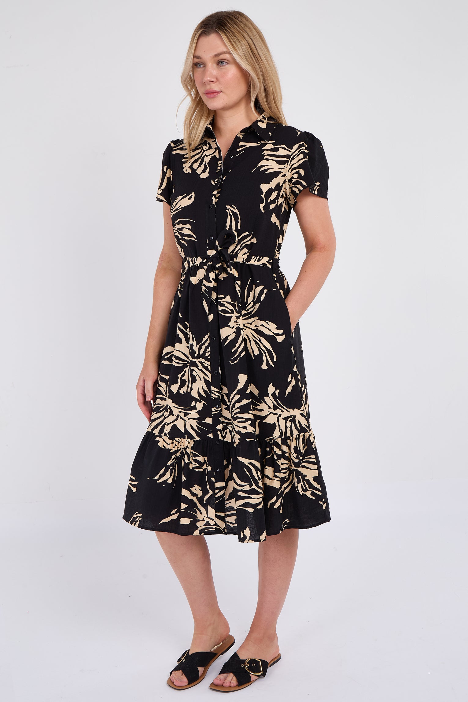 Black Floral Print  Frilled Hem Midi Dress