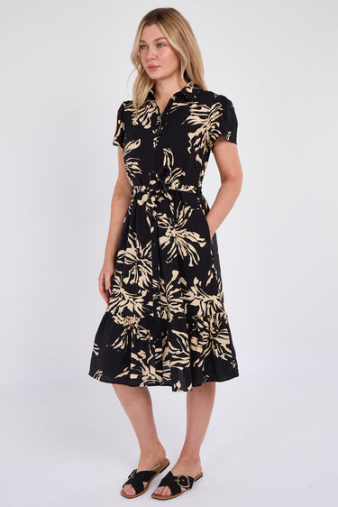 Black Floral Print  Frilled Hem Midi Dress