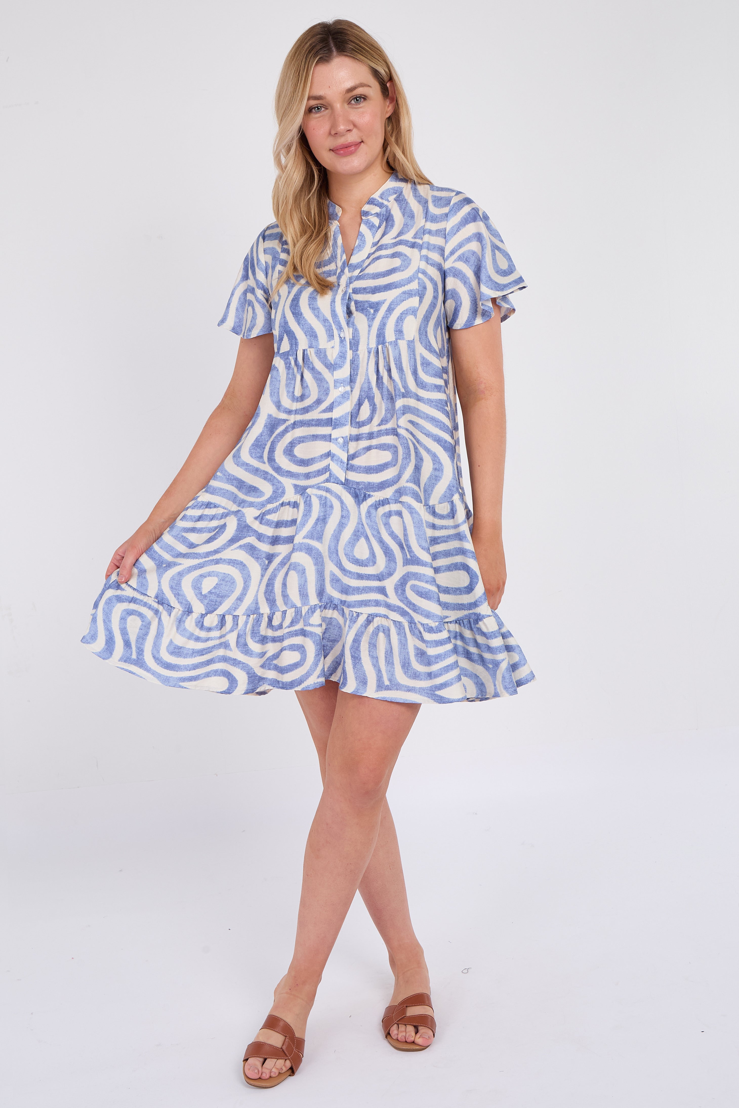 Blue Twirl Print Short Sleeve Flared Mini Dress