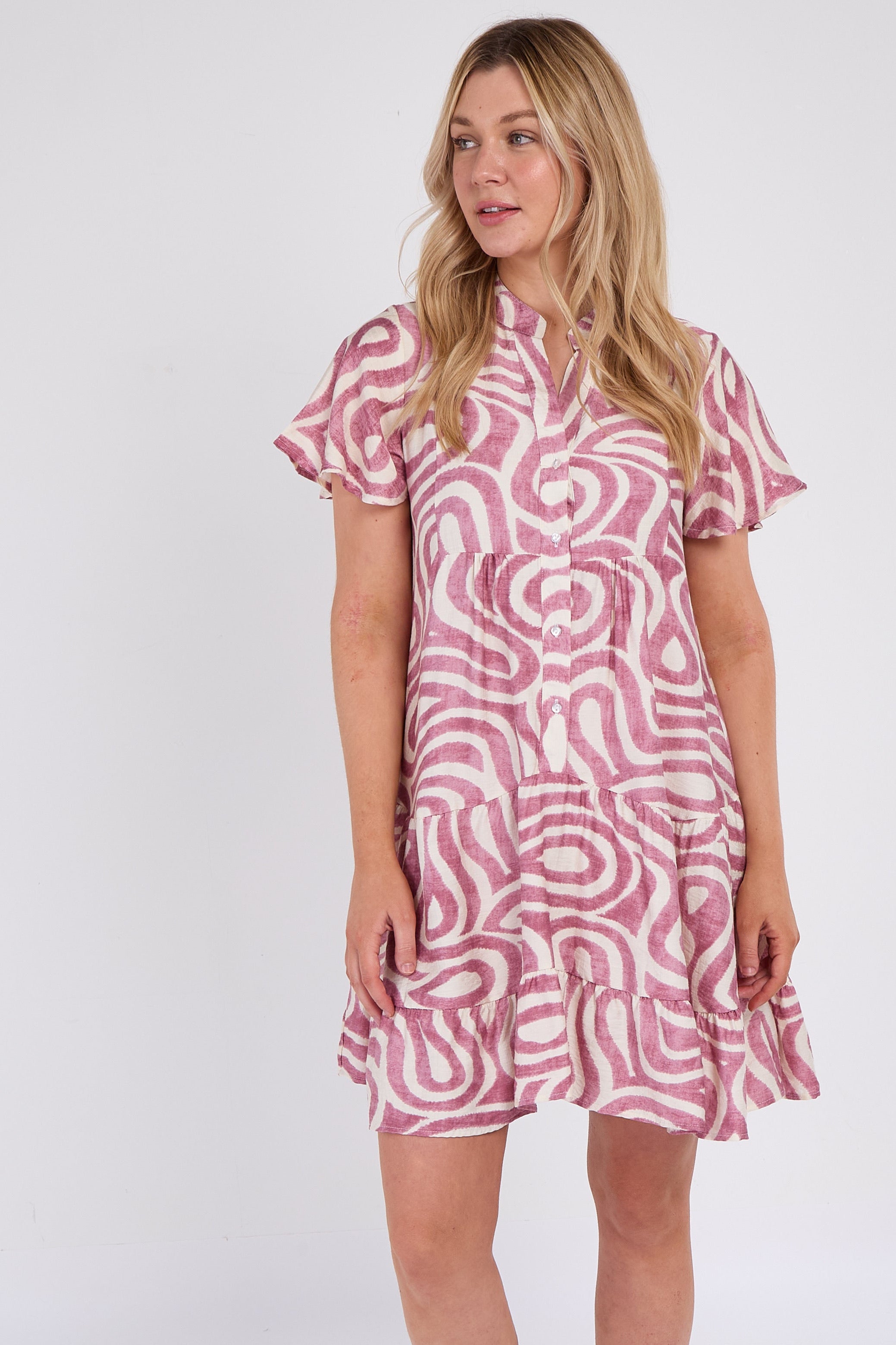 Pink Twirl Print Short Sleeve Flared Mini Dress