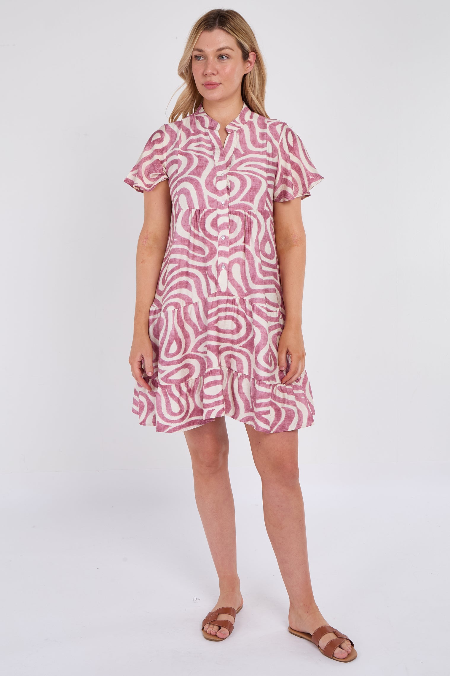 Pink Twirl Print Short Sleeve Flared Mini Dress