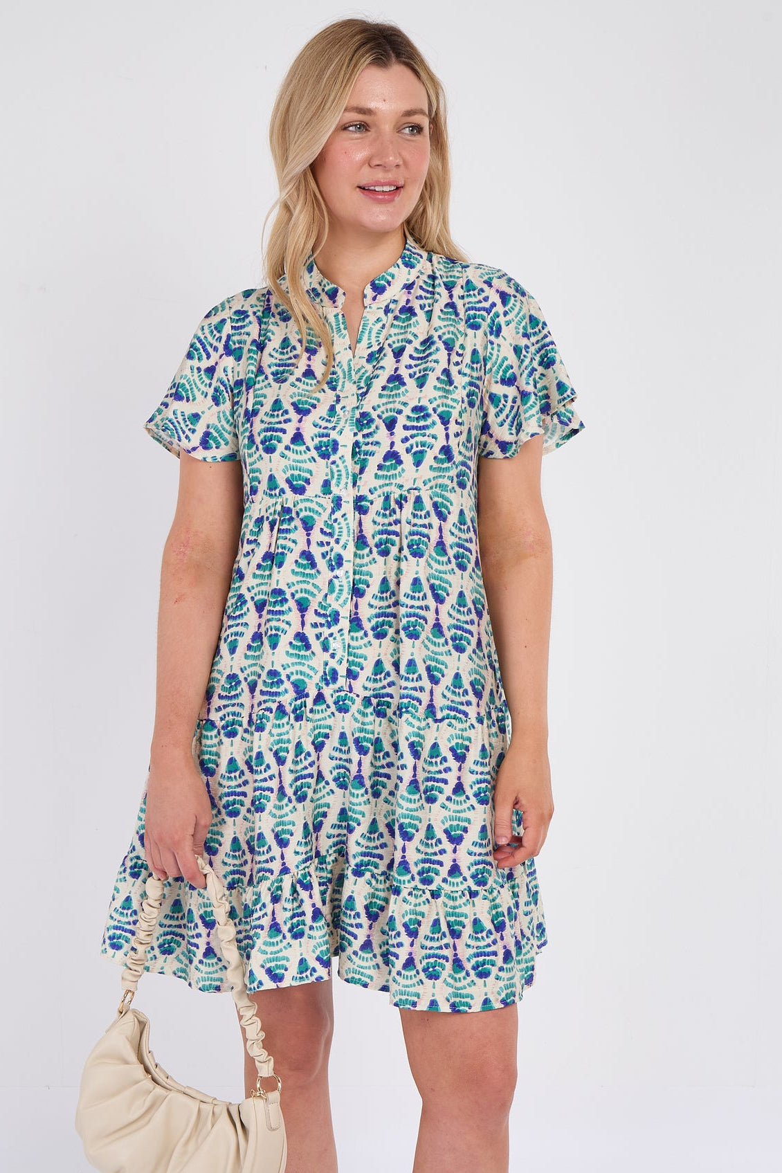 Teal Patterned Print Ruffle Hem Mini Dress