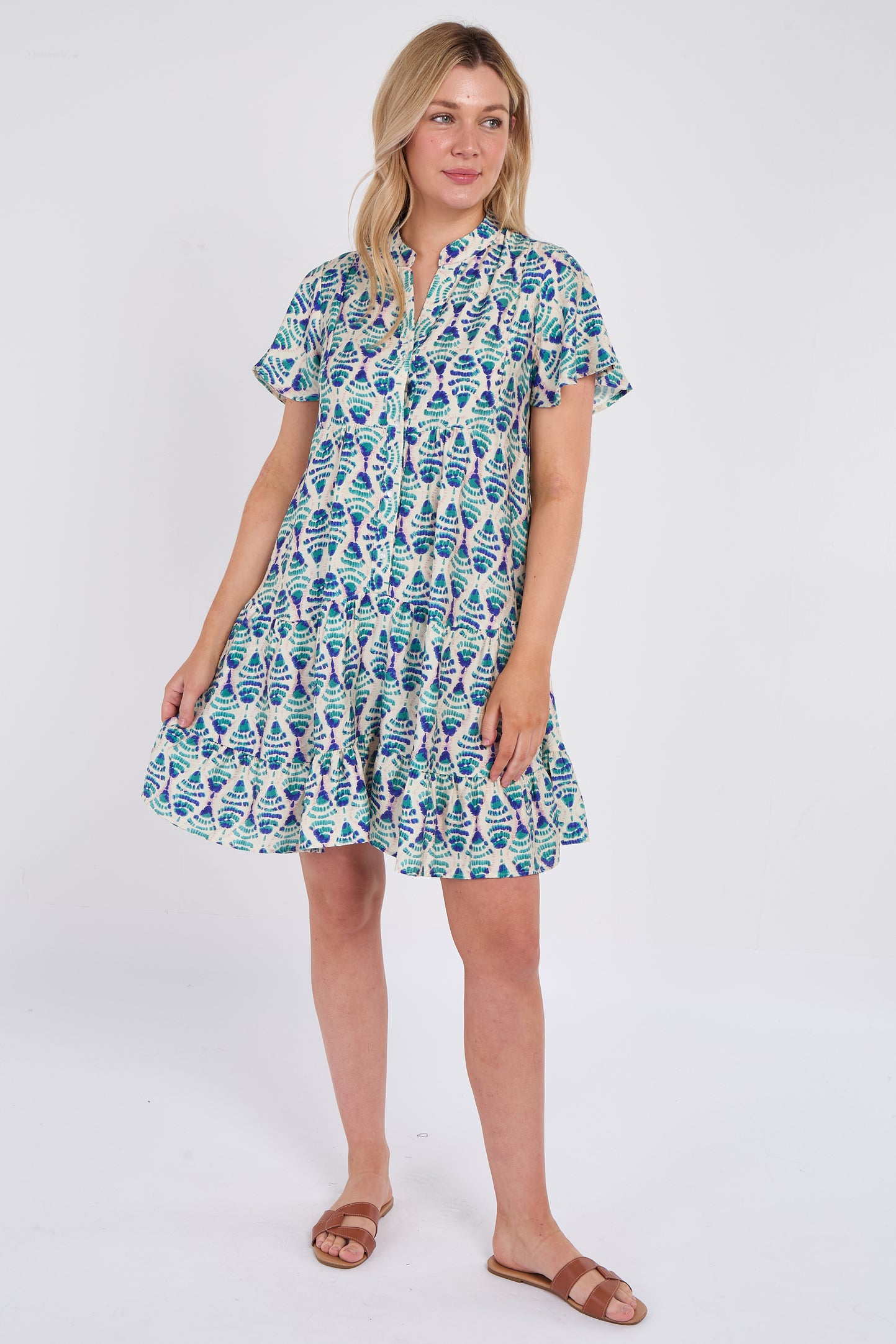 Teal Patterned Print Ruffle Hem Mini Dress