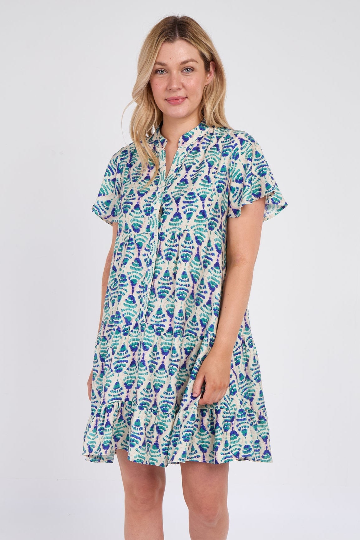 Teal Patterned Print Ruffle Hem Mini Dress