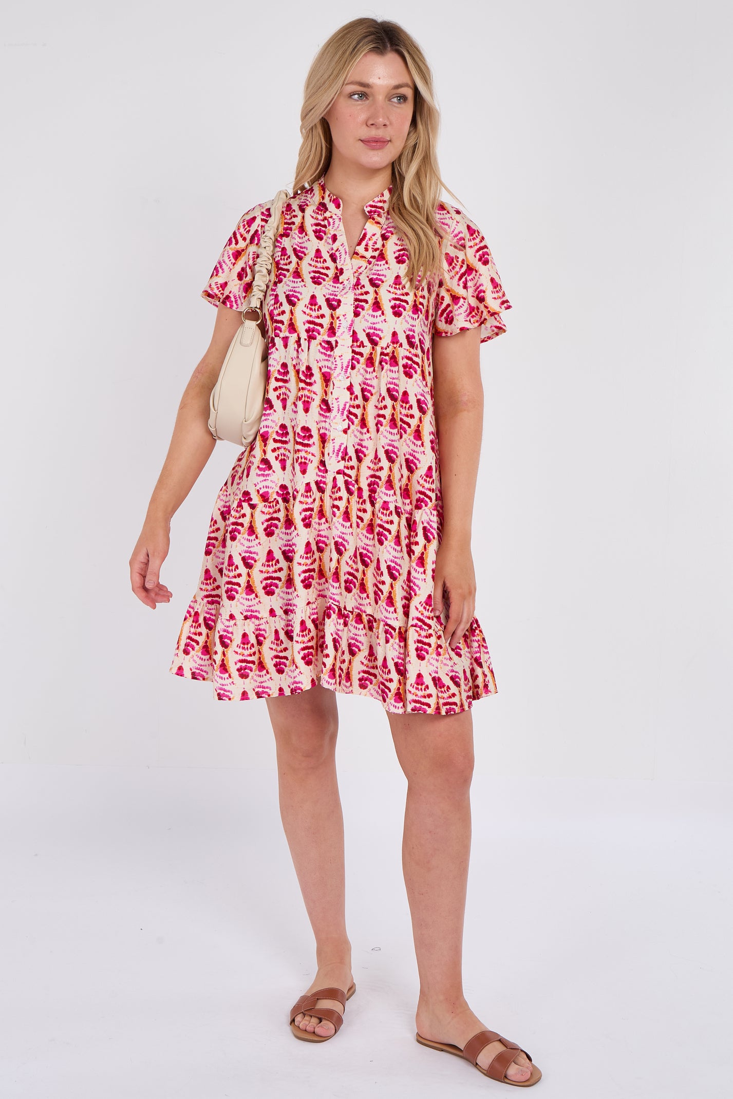 Pink Patterned Print Ruffle Hem Mini Dress