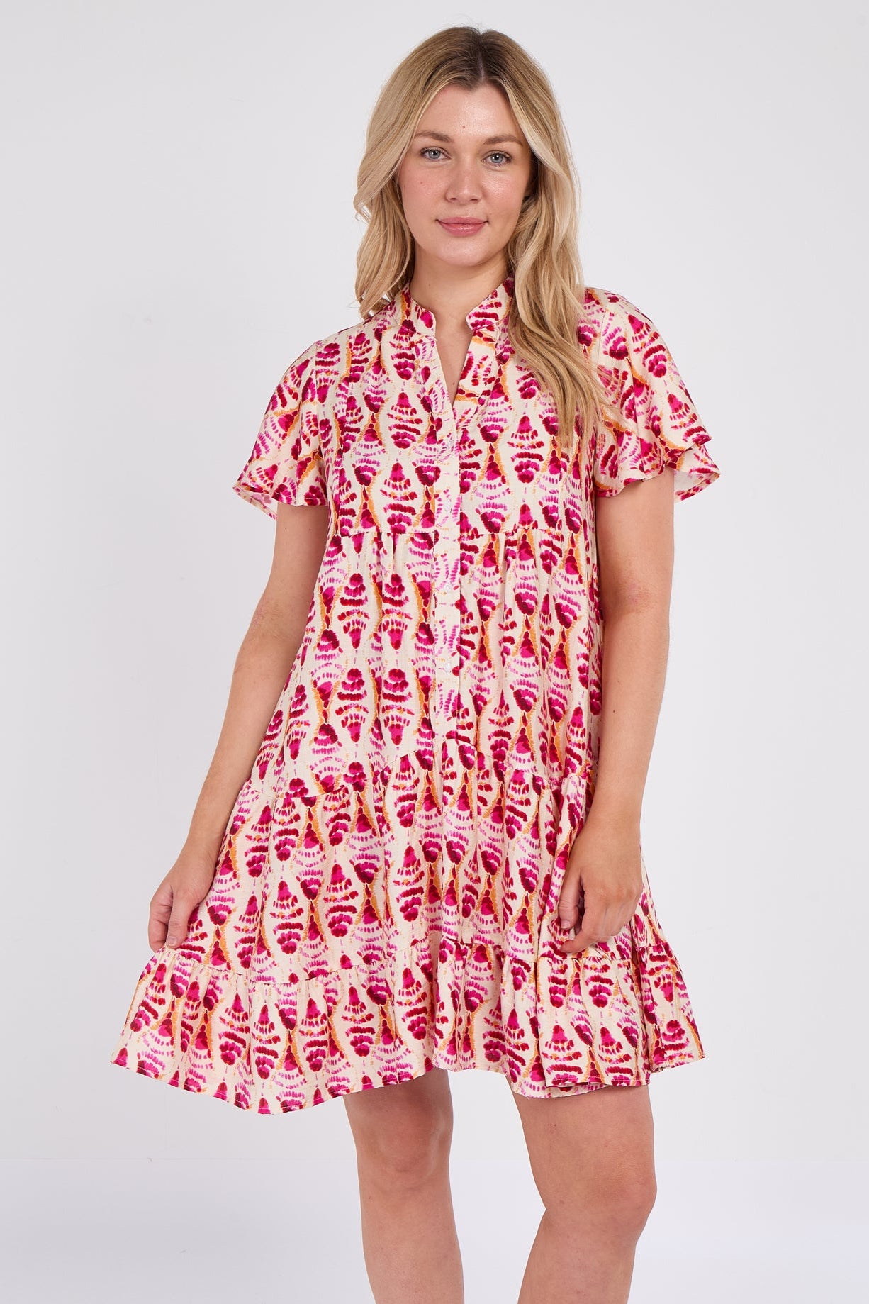 Pink Patterned Print Ruffle Hem Mini Dress