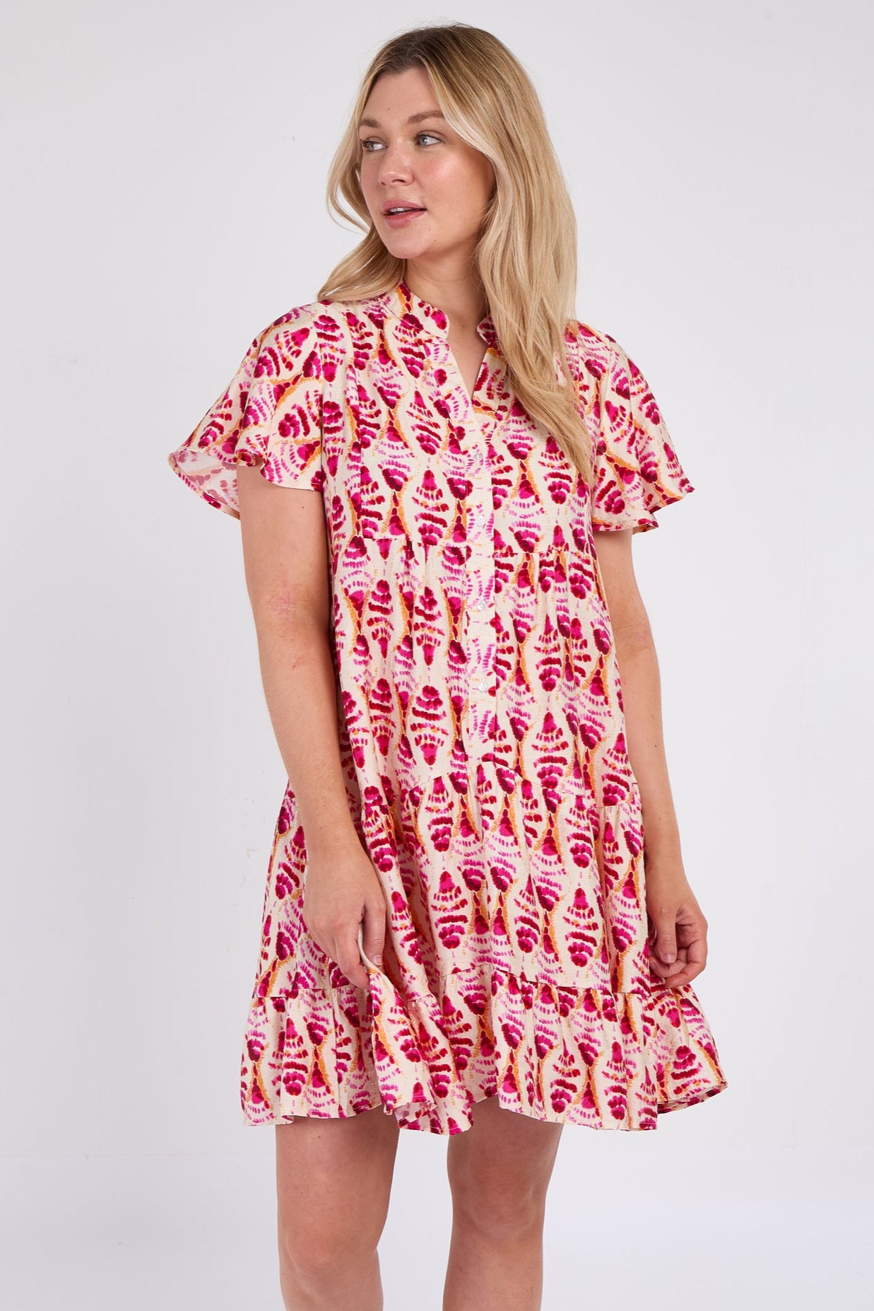 Pink Patterned Print Ruffle Hem Mini Dress
