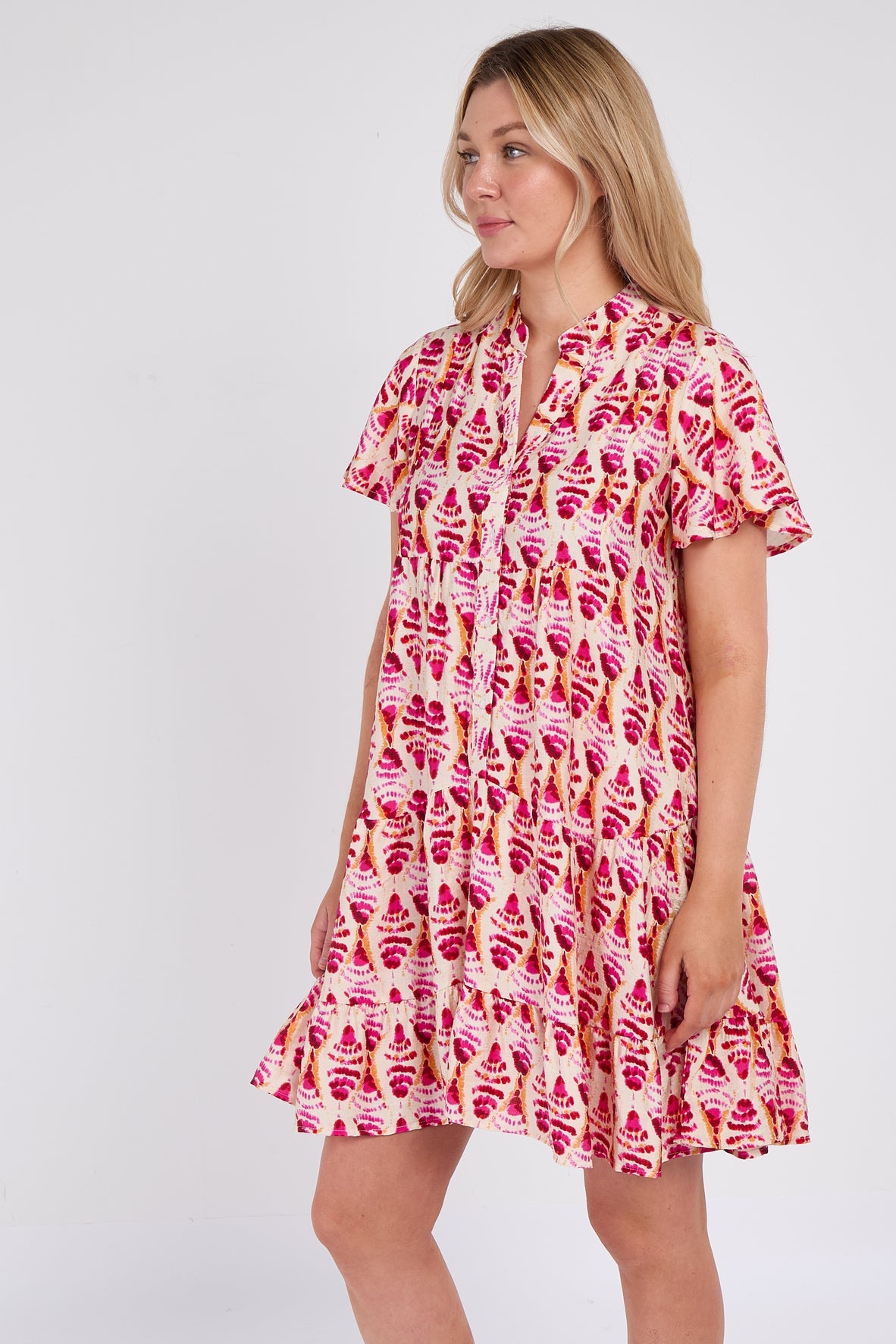 Pink Patterned Print Ruffle Hem Mini Dress