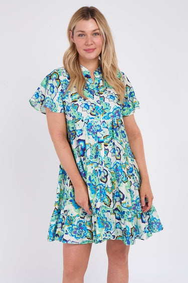 Blue Bloom Ruffle Hem Mini Shirt Dress