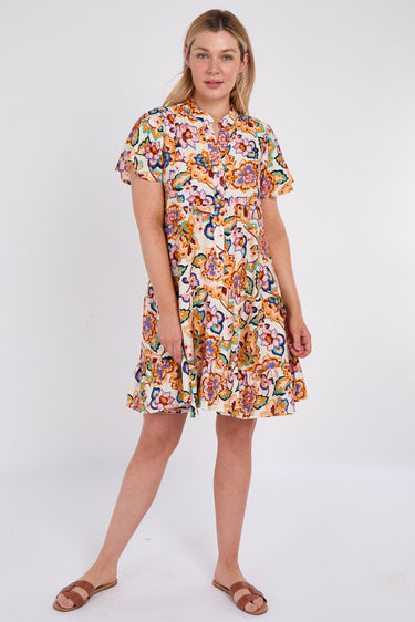 White Bloom Print Ruffle Hem Mini Shirt Dress