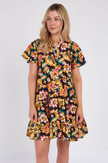 Black Bloom Print Ruffle Hem Mini Shirt Dress