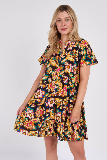 Black Bloom Print Ruffle Hem Mini Shirt Dress
