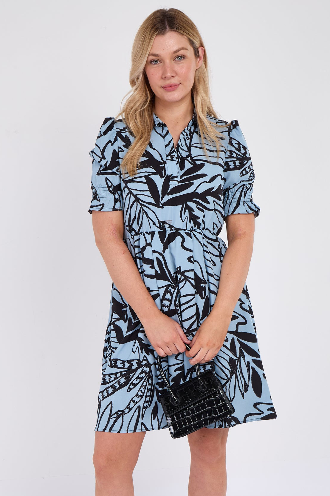 Powder Blue Leaf Print Mini Dress