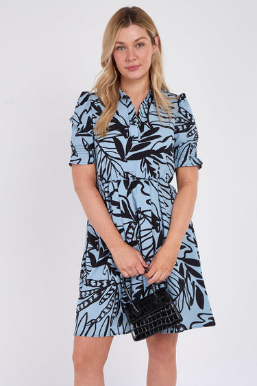 Powder Blue Leaf Print Mini Dress