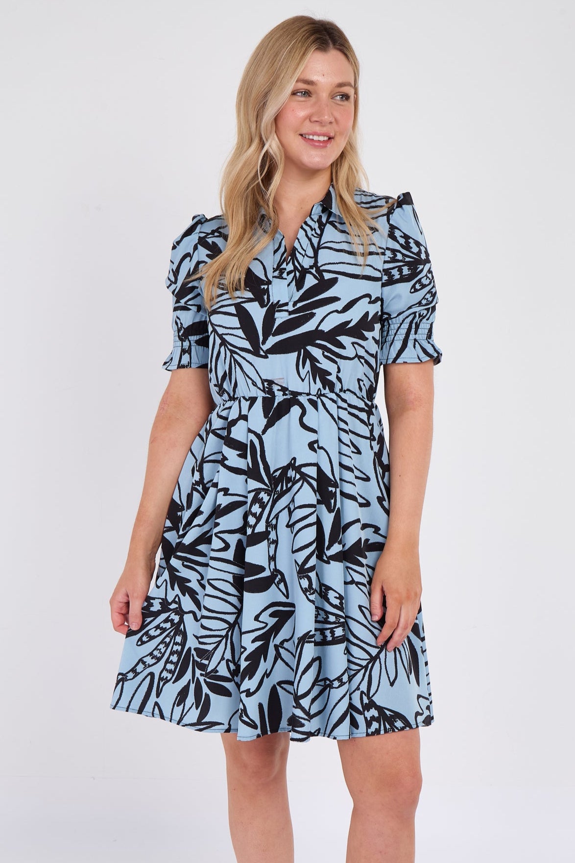 Powder Blue Leaf Print Mini Dress