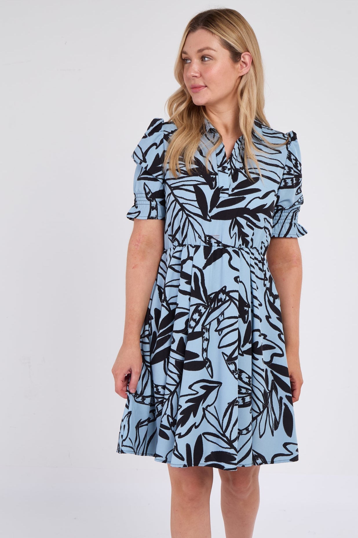 Powder Blue Leaf Print Mini Dress