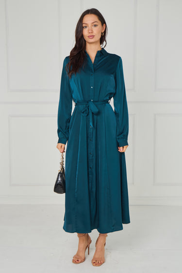 Teal Velvety Satin Maxi Shirt Dress