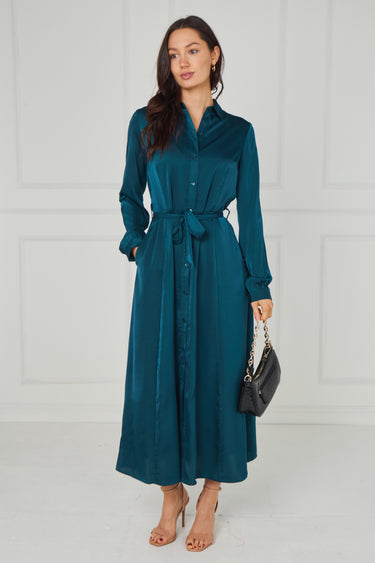 Teal Velvety Satin Maxi Shirt Dress