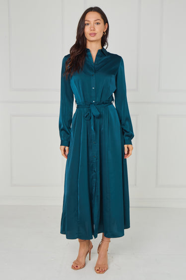 Teal Velvety Satin Maxi Shirt Dress