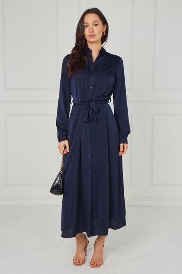 Navy Velvety Satin Maxi Shirt Dress