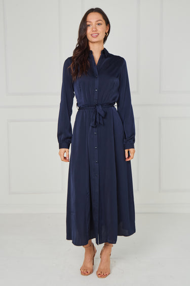 Navy Velvety Satin Maxi Shirt Dress