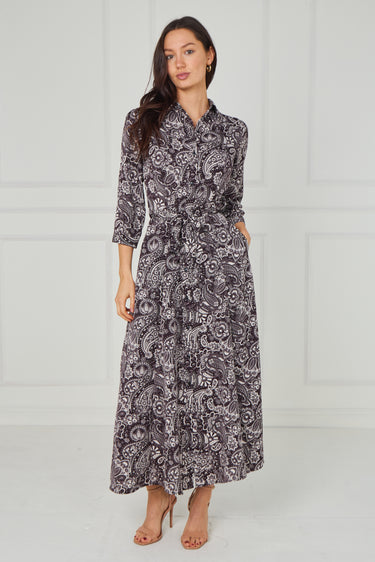 Espresso Paisley Print Belted Maxi Shirt Dress