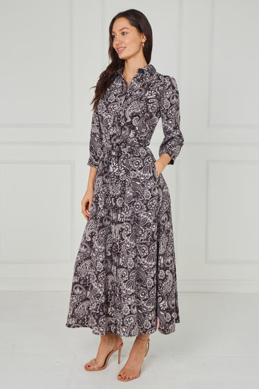 Espresso Paisley Print Belted Maxi Shirt Dress