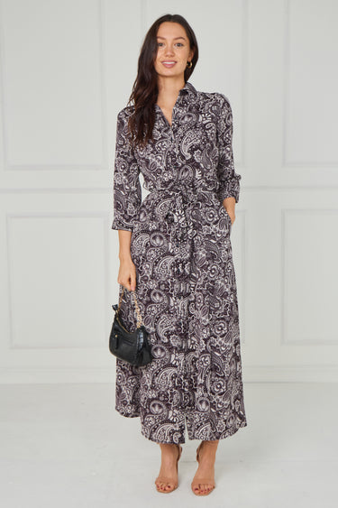 Espresso Paisley Print Belted Maxi Shirt Dress