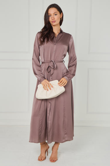 Dusty Rose Taupe Velvety Satin Maxi Shirt Dress