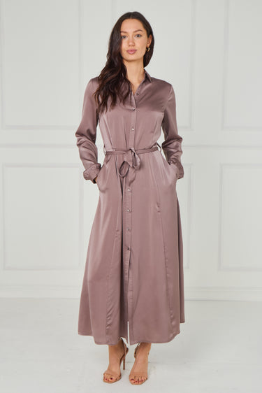 Dusty Rose Taupe Velvety Satin Maxi Shirt Dress