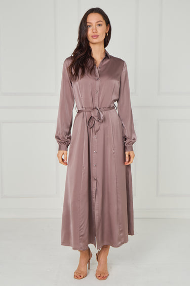 Dusty Rose Taupe Velvety Satin Maxi Shirt Dress