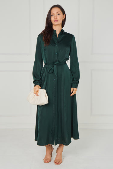 Emerald Velvety Satin Maxi Shirt Dress