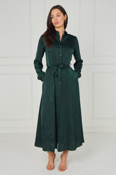 Emerald Velvety Satin Maxi Shirt Dress