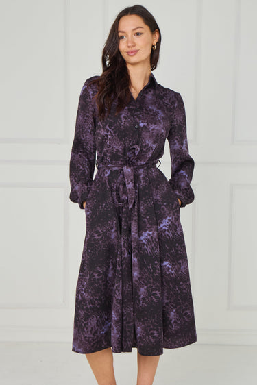 Purple Leopard Smudge Print Midi Shirt Dress