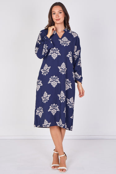 Navy Blue Ornamental Floral Print Kaftan Midi Dress