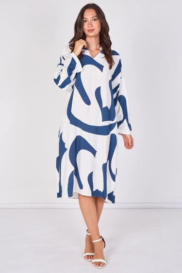 Blue & White Abstract Print V-Neck Kaftan Midi Dress