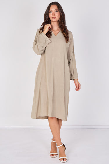 Stone Beige V-Neck Kaftan Midi Dress