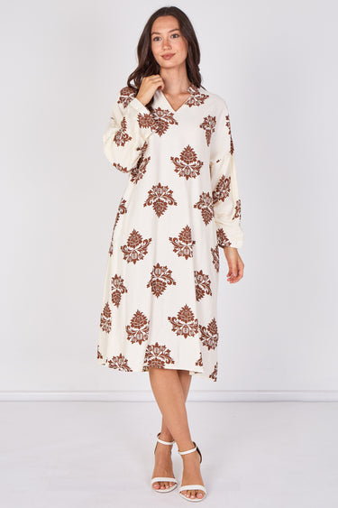 Rust Brown Ornamental Floral Print Kaftan Midi Dress