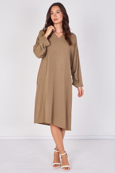 Mocha Brown V-Neck Kaftan Midi Dress