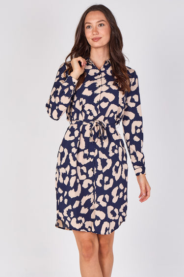 Navy Leopard Print Mini Shirt Dress