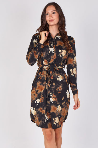 Black Rust Floral Print Tie Waist Shirt Dress