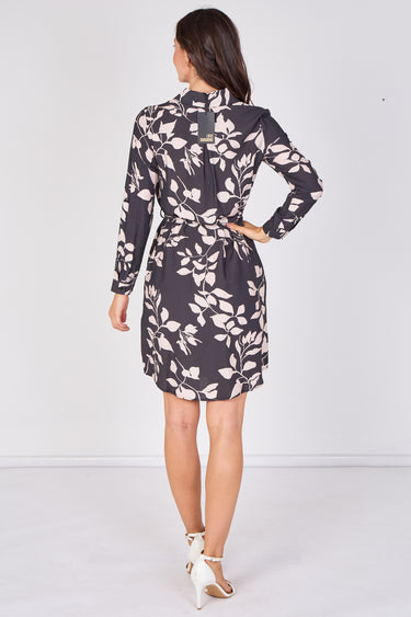 Black Leaf Print Tie Waist Shirt Dress