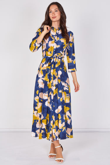Love Sunshine Navy Abstract Print Tie Waist Maxi Shirt Dress Belted Dress Day to Night Long Sleeve Maxi Dress NEW IN Occasionwear Shirt Dress
