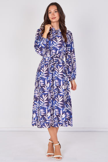 Navy Blue Botanical Leaf Print Tie Waist Midi Dress