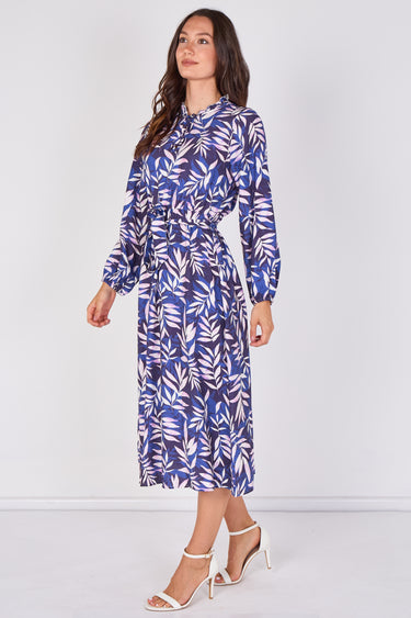 Navy Blue Botanical Leaf Print Tie Waist Midi Dress