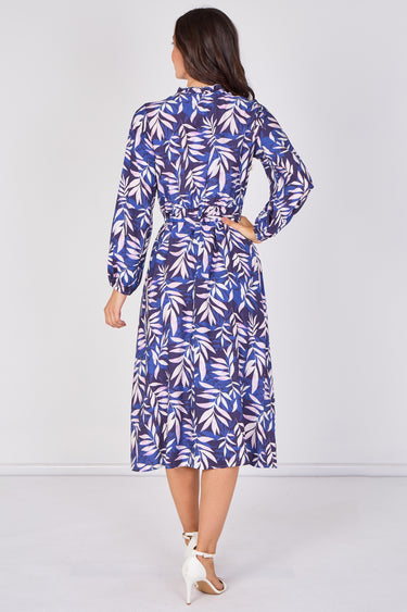 Navy Blue Botanical Leaf Print Tie Waist Midi Dress